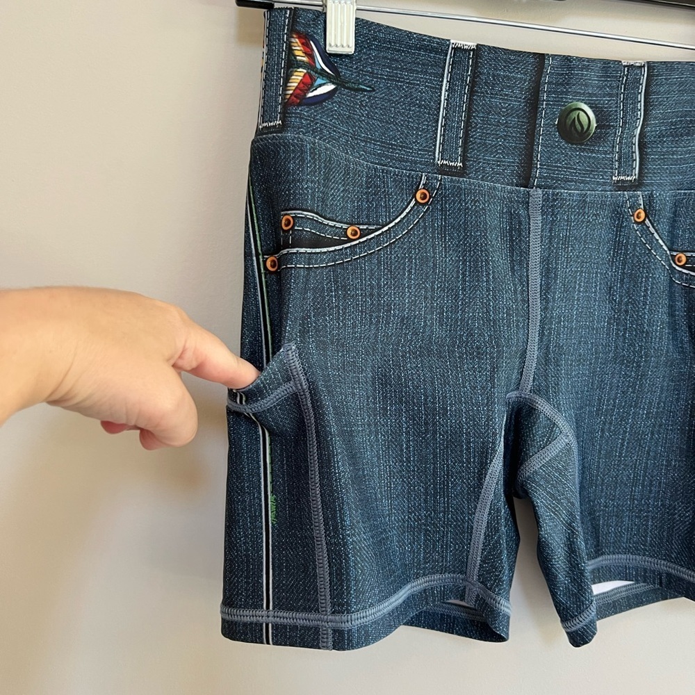 INKnBURN Black Denim 4" Owl Running Bike Shorts Drawstring Pockets Blue, size 6 - Picture 4 of 7